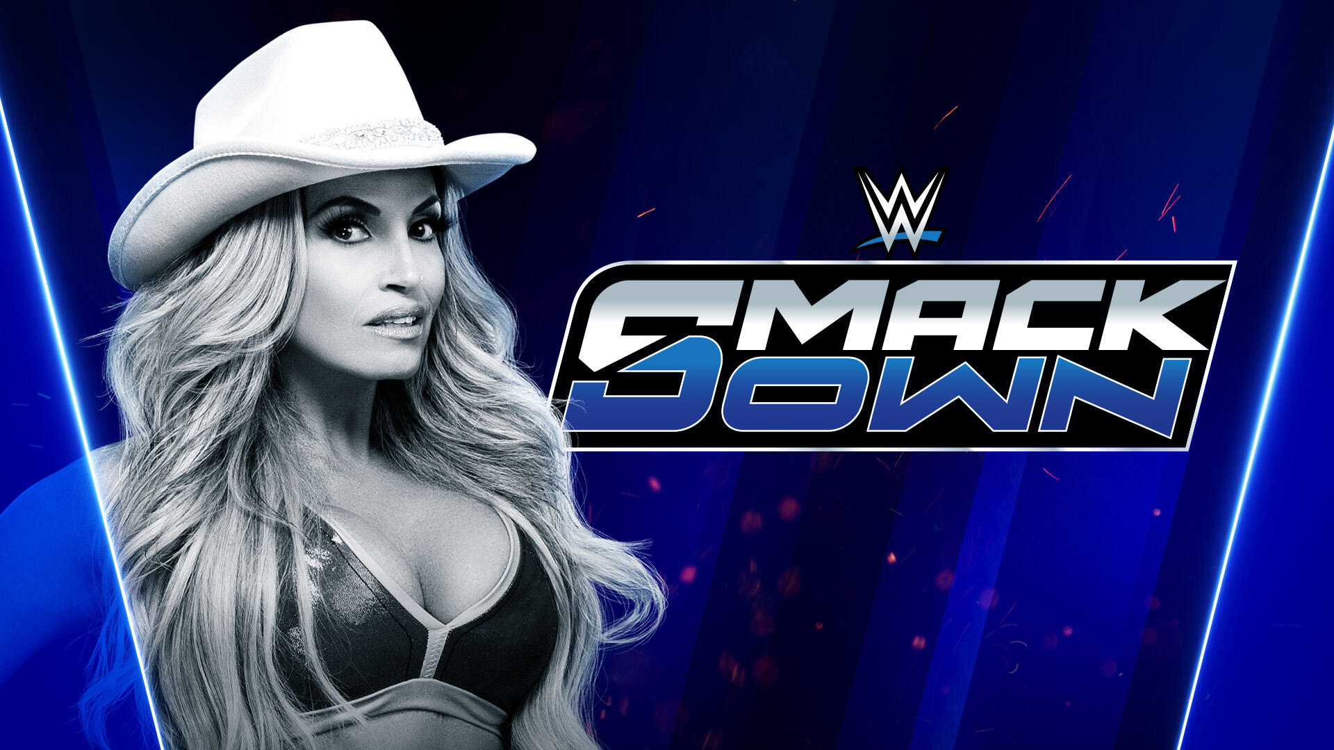 WWE SmackDown preview for February 28, 2025 blog banner featuring Trish Stratus, who'll be making an in-ring return at Elimination Chamber: Toronto.
