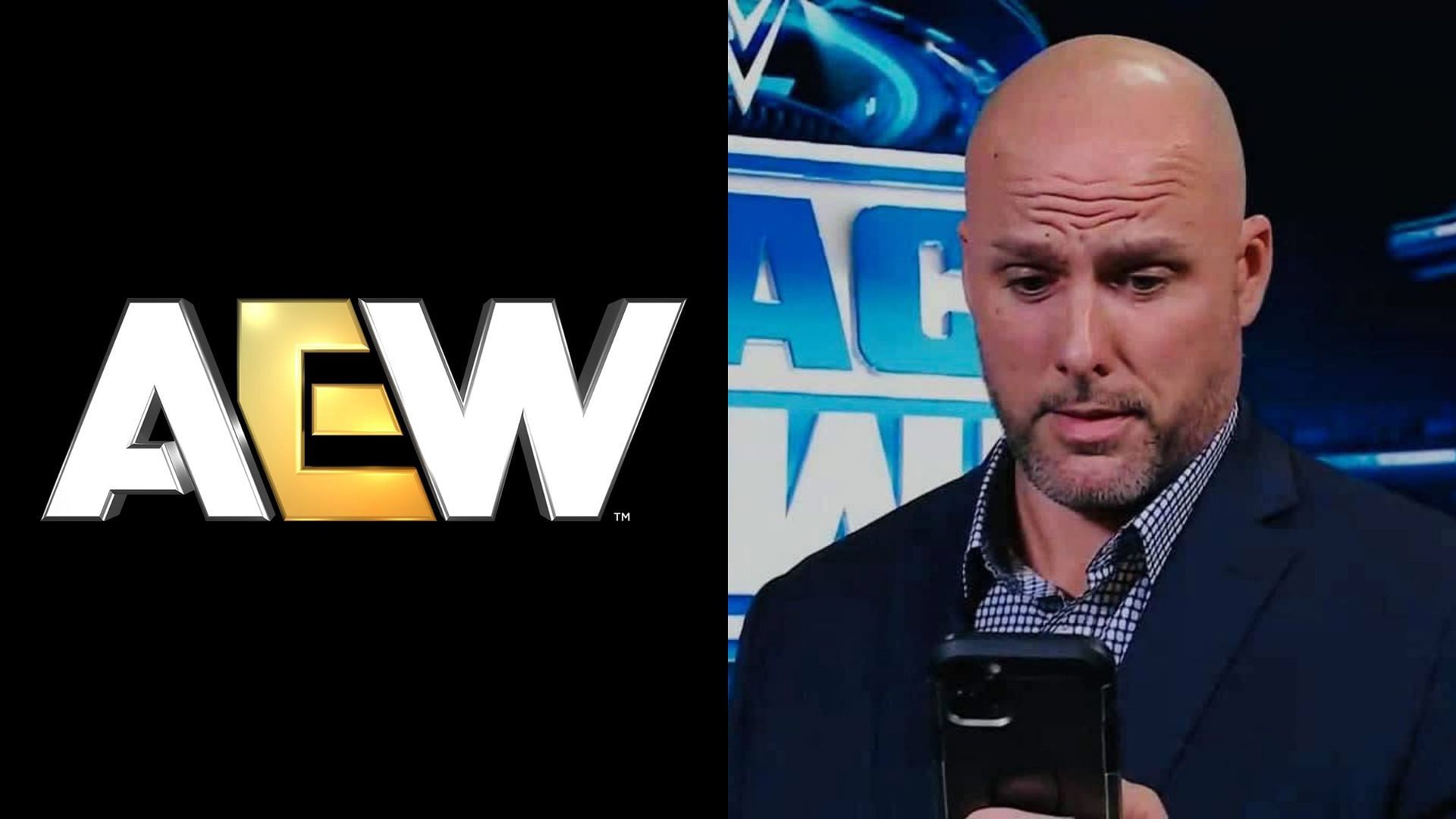 AEW logo (left) and Adam Pearce (right). (Image credits: AEW Facebook page &amp; Adam Pearce
