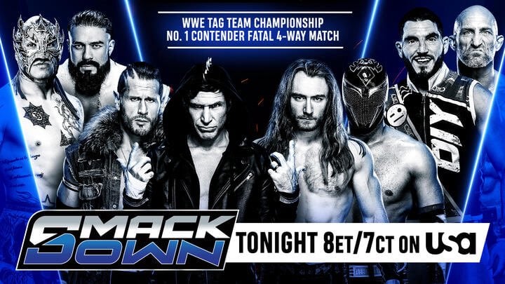 A WWE SmackDown graphic featuring number one contenders Andrade and Rey Fenix, who will challenge the Wyatt Sicks for the WWE Tag Team Championship.