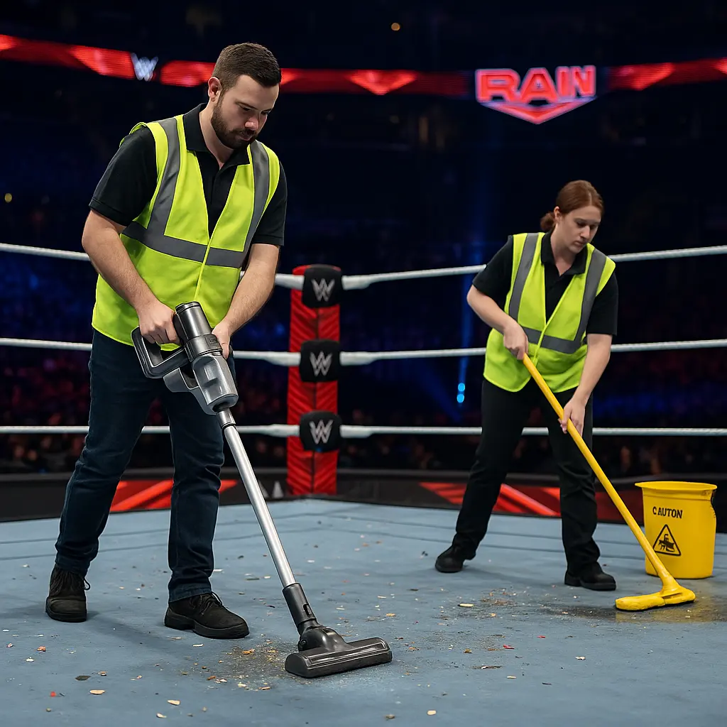 equipe-de-nettoyage-raw-test-de-nettoyants-pour-sols-apres-une-soiree-de-match-endiablee