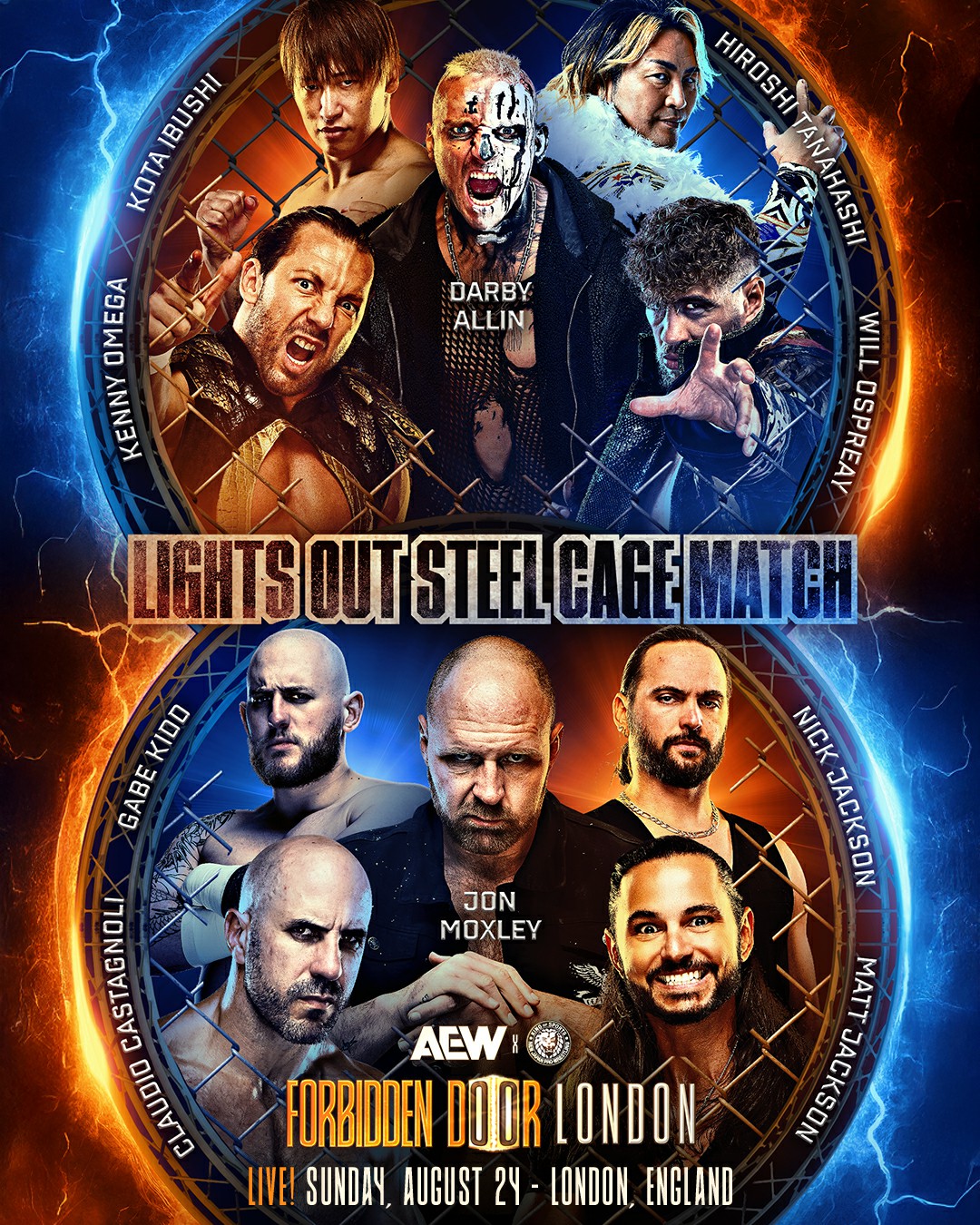 Match artwork for the Lights Out Steel Cage Cage Match at Forbidden Door.