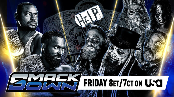 A WWE SmackDown graphic featuring the Wyatt Sicks and The Street Profits for what time is SmackDown on tonight?
