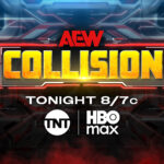 A promotional graphic for 'AEW Collision' featuring the title in large, bold letters. The design incorporates a futuristic background with glowing red and metallic accents.
