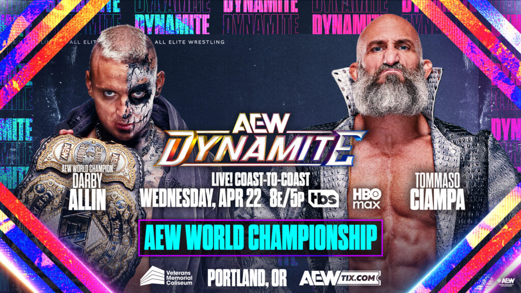 Darby Allin vs Tommaso Ciampa AEW World Championship match graphic for AEW Dynamite April 22, 2026 in Portland, Oregon