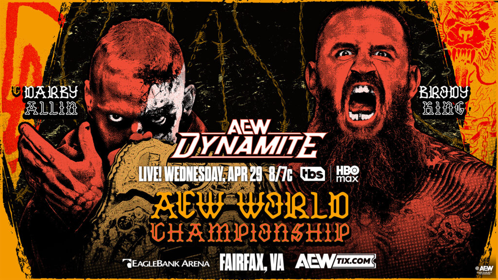 Darby Allin vs Brody King AEW World Championship match graphic for AEW Dynamite April 29, 2026 in Fairfax, Virginia
