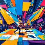 A cubist, geometric painting depicting the intense action and competition of an AEW wrestling match, with sharp, overlapping shapes and planes in vibrant colors capturing the dynamic energy of the event.