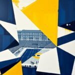 A cubist, geometric painting depicting a Vanderbilt football game, with sharp, overlapping planes of navy blue, gold, and white representing the players and action on the field.