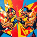 A cubist, geometric painting depicting the dynamic movements and collisions of two wrestlers engaged in an intense match, with sharp planes of color and overlapping perspectives conveying the raw energy of the competition.