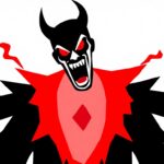 An abstract, minimalist illustration featuring bold, jagged black silhouettes and high-contrast solid colors like red and white, conceptually representing the quirky, supernatural wrestling character of Danhausen.