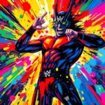 An abstract, expressionist painting in neon colors featuring a dramatic pyro blast and the blurred, dissolving figure of a wrestler, capturing the raw energy and supernatural elements of Danhausen