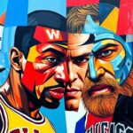 A fragmented, geometric painting in vibrant colors depicting the basketball and wrestling careers of Dennis Rodman, with sharp planes and overlapping shapes representing the duality of his unconventional path.