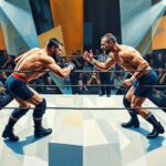 A fragmented, geometric painting depicting the dynamic action and competing factions of a tag team wrestling match, rendered in Picasso
