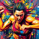 An abstract, expressionist painting in vibrant neon colors depicts the powerful movements and energy of a female wrestler, with her face and body dissolving into unrecognizable brushstrokes.