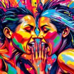 An abstract expressionist painting in neon colors, with rapid brushstrokes depicting the violent collision between two female wrestlers, their faces and bodies blending into unrecognizable shapes and splatters.