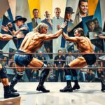 A cubist, fragmented painting depicting a WWE wrestling match, with the wrestlers