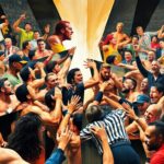 A cubist-style painting depicting a chaotic wrestling match, with various wrestlers