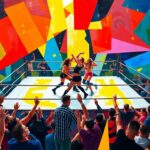 A fractured, cubist-style painting depicting a chaotic wrestling match, with the NXT Women