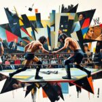 A cubist, geometric painting in shades of blue, red, and yellow, depicting a wrestling match or competition broken down into sharp, overlapping planes, conveying the raw energy and tension of the sport.