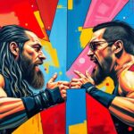 A fragmented, cubist-style painting depicting a wrestling match between two figures, their bodies and movements broken down into sharp geometric shapes and planes of color, conveying the intense physicality and technical precision of elite-level professional wrestling.