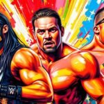A vibrant, expressionist painting in neon colors depicting the dynamic movements and intense expressions of several WWE wrestlers, their faces and bodies blending together in an abstract, energetic composition.