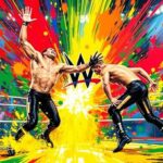 An abstract, expressionist painting featuring dynamic, neon-colored brushstrokes that capture the intense energy and movement of a WWE wrestling match, with figures and logos blending together in a vibrant, chaotic display.