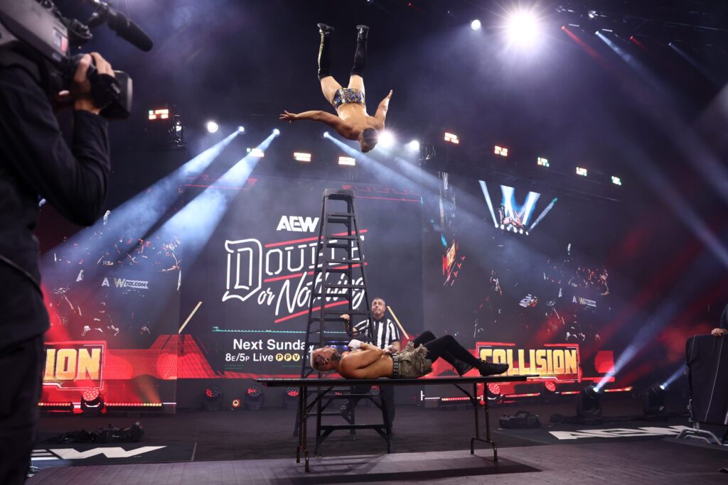 Sammy Guevara flies off a ladder during AEW Collision