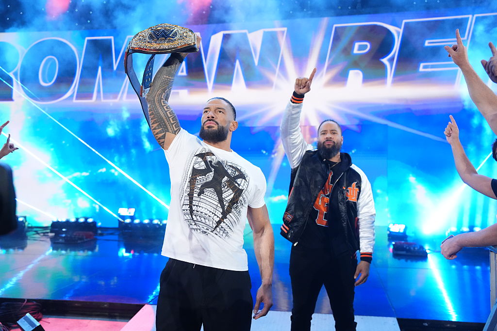 KNOXVILLE, TENNESSEE - MAY 11: Roman Reigns with Jimmy Uso make's his entrance during RAW at Thompson-Boling Arena on May 11, 2026 in Knoxville, Tennessee. (Photo by Michael Owens/WWE via Getty Images)