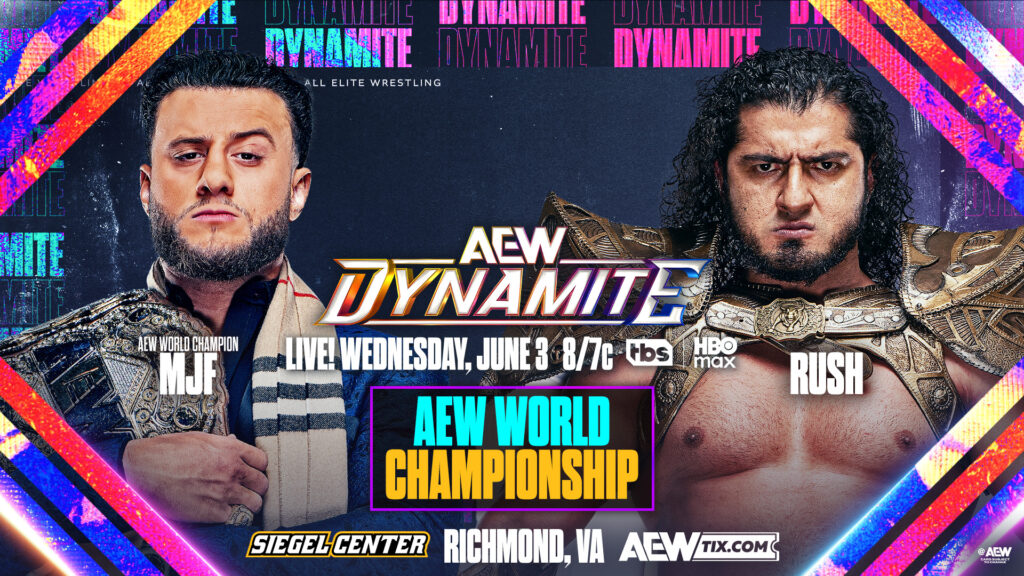 MJF vs Rush AEW World Championship match graphic for AEW Dynamite June 3, 2026 in Richmond, Virginia