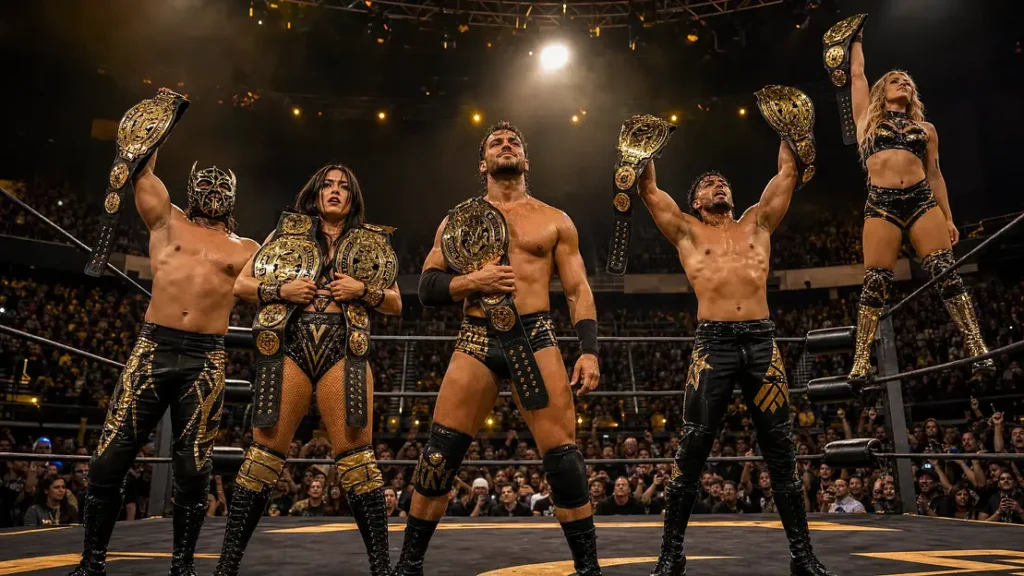 WWE NXT wrestlers celebrate in the ring at Bert Ogden Arena in Edinburg, Texas.