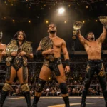 WWE NXT wrestlers celebrate in the ring at Bert Ogden Arena in Edinburg, Texas.